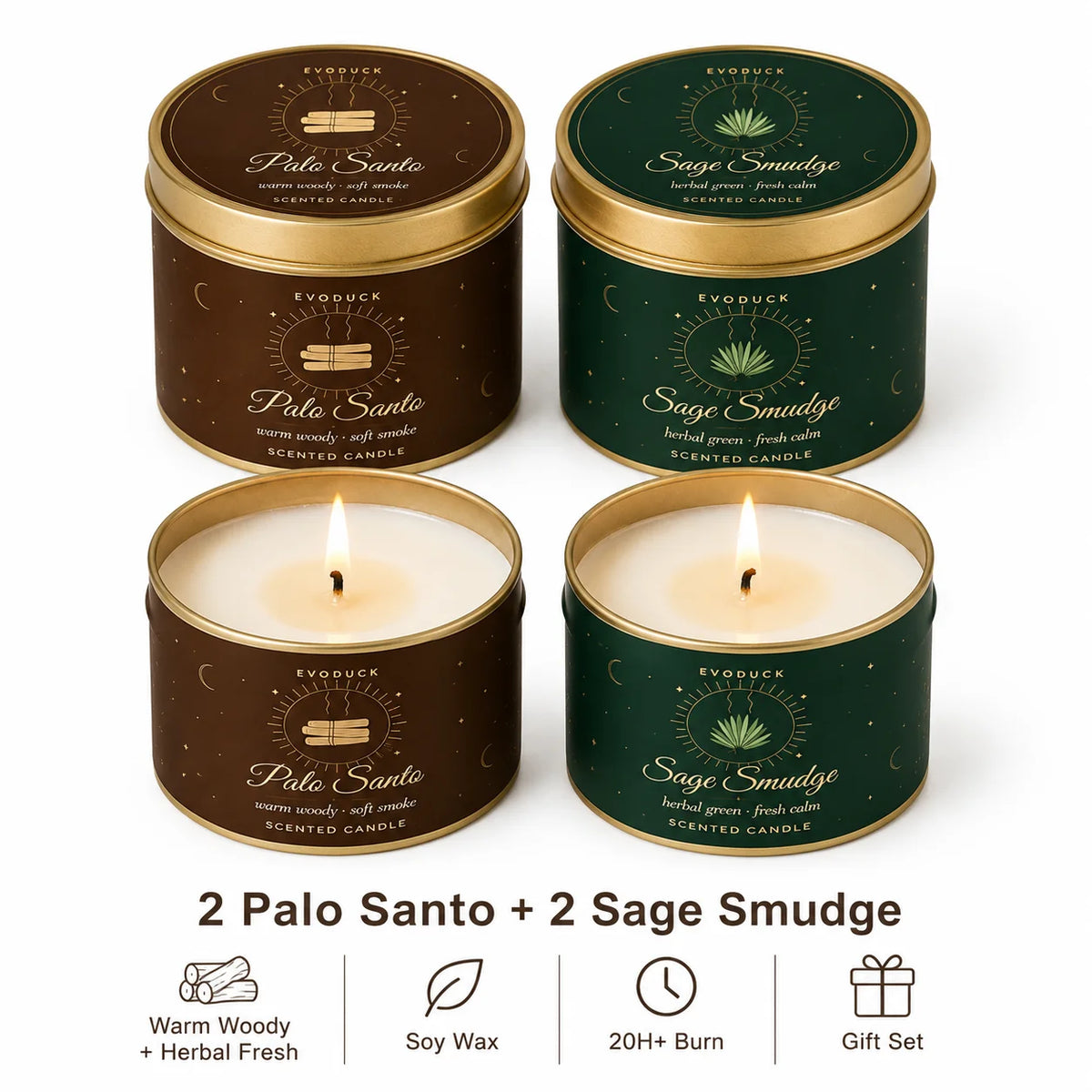 4 Pack  Candle Set 2 Sage Smudge 2 Palo Santo Soy Wax Scented Candles in Gold Travel Tin 20H+ Burn......