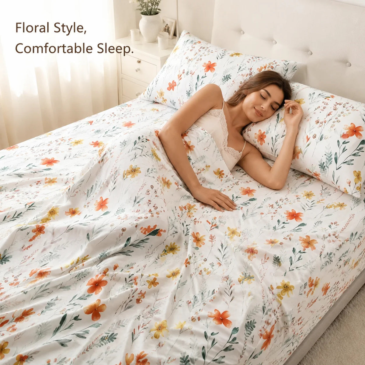 4-Piece Floral Print Duvet Cover Set: 1 Flat Sheet, 1 Fitted Sheet, 2 Pillowcases, Sizes: Large/King/Single/Double.