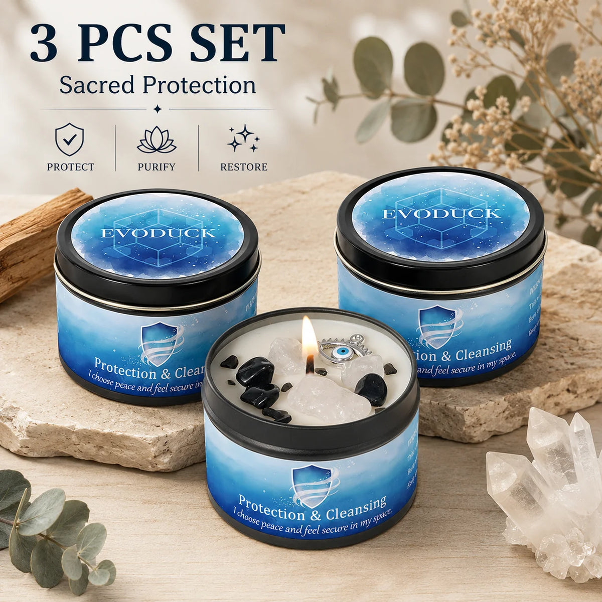 3/2/1Pcs. Protection & Cleansing Scented Candle Set, White Sage & Frankincense Scented Soy Candles with Black Tourmaline & Evil Eye Charm, Negative Energy Clearing 3 Oz. Each 10 Different