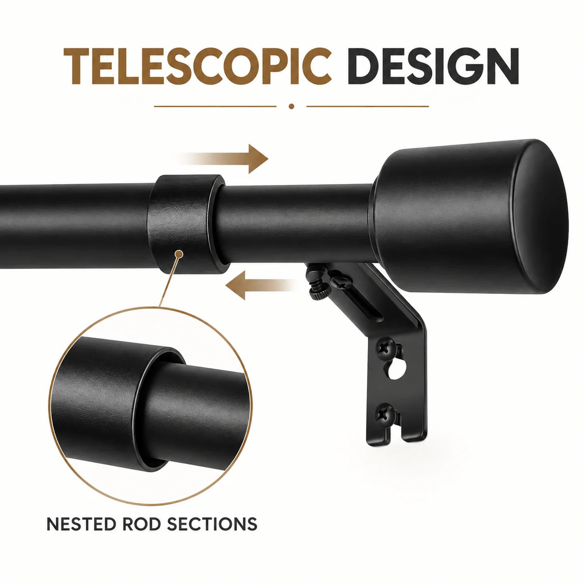 Black Telescopic Curtain Rod Set, With Metal Brackets,  Adjustable,  Window Home Decor