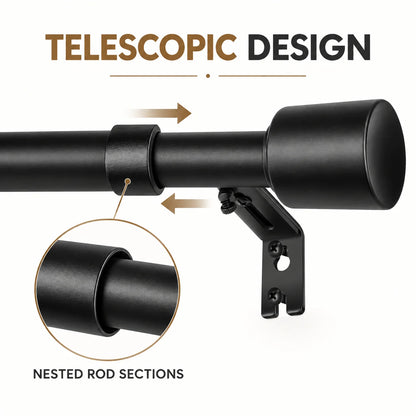 Black Telescopic Curtain Rod Set, With Metal Brackets,  Adjustable,  Window Home Decor