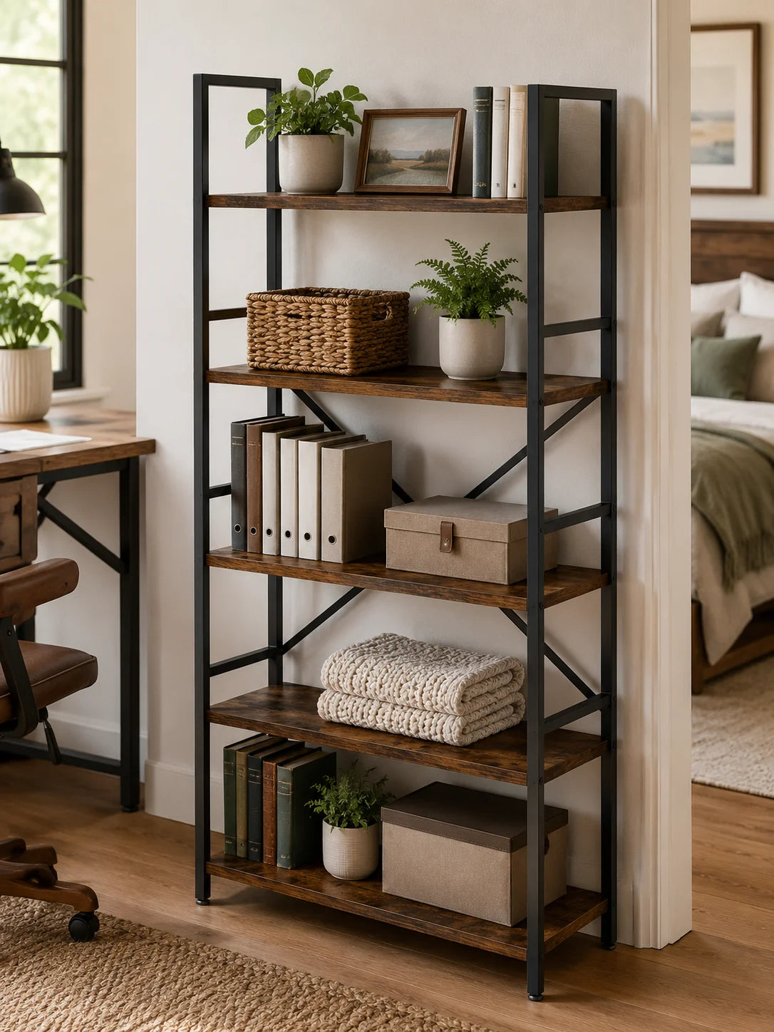 Rustic Brown Engineered Wood and Black Metal Bookcase, Freestanding....
