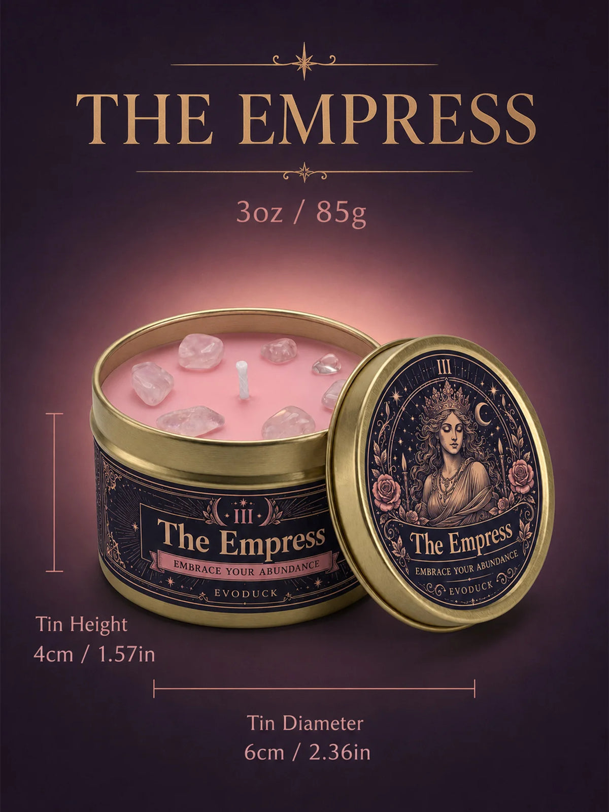 The Empress Tarot Candle, Rose Geranium Scented Candle with Rose Quartz Crystal Stones, For Meditation, 3/2/1 Sets.....
