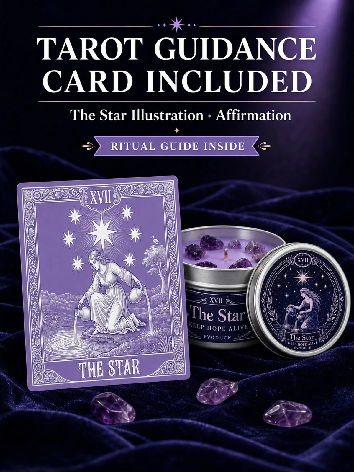 The Star Tarot Candle, Water Lily & Lilac Scented, with Amethyst Crystal , Lavender Wax Silver Tin, Candle for Meditation, 1/2/3 Sets, 3 Oz