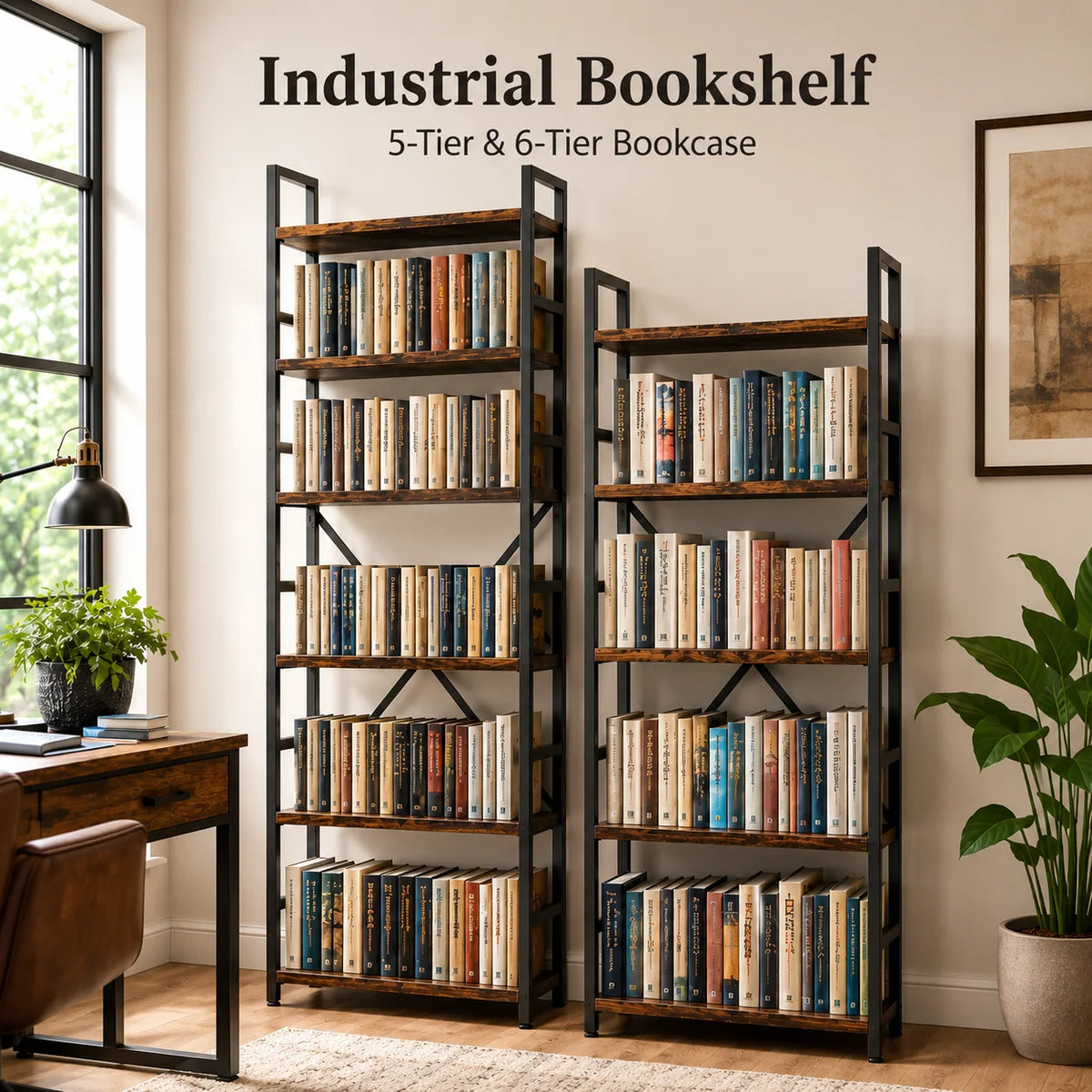 Rustic Brown Engineered Wood and Black Metal Bookcase, Freestanding....