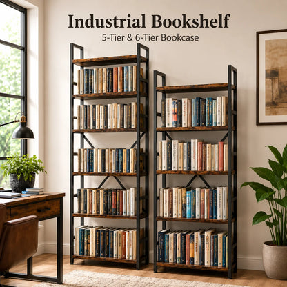Rustic Brown Engineered Wood and Black Metal Bookcase, Freestanding....