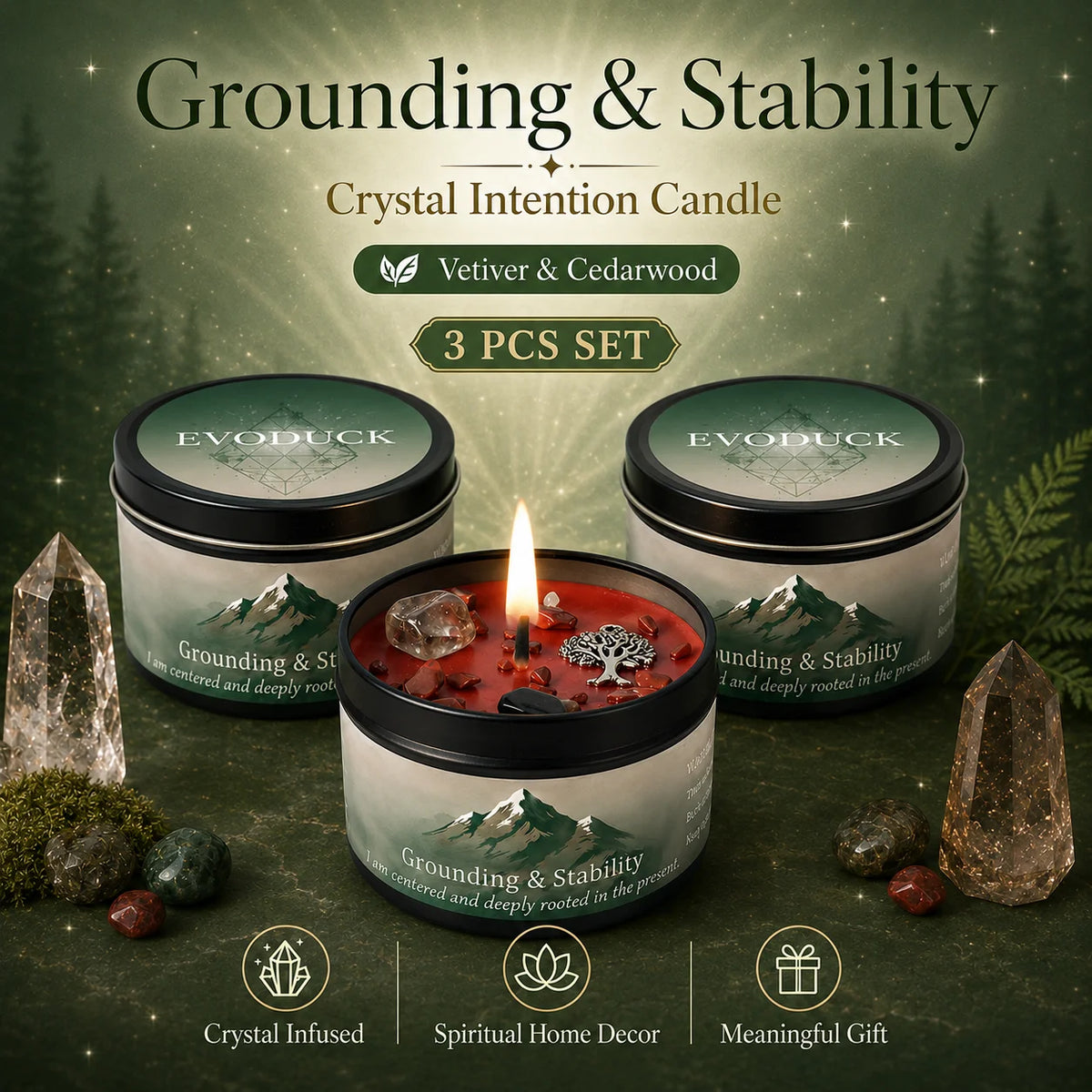 3Pcs Grounding & Stability Crystal, Scented Candle Set, Vetiver & Cedarwood Scented, Red Jasper & Smoky Quartz, Root Chakra Anxiety Relief, 12 Different Styles, 3 Oz.....