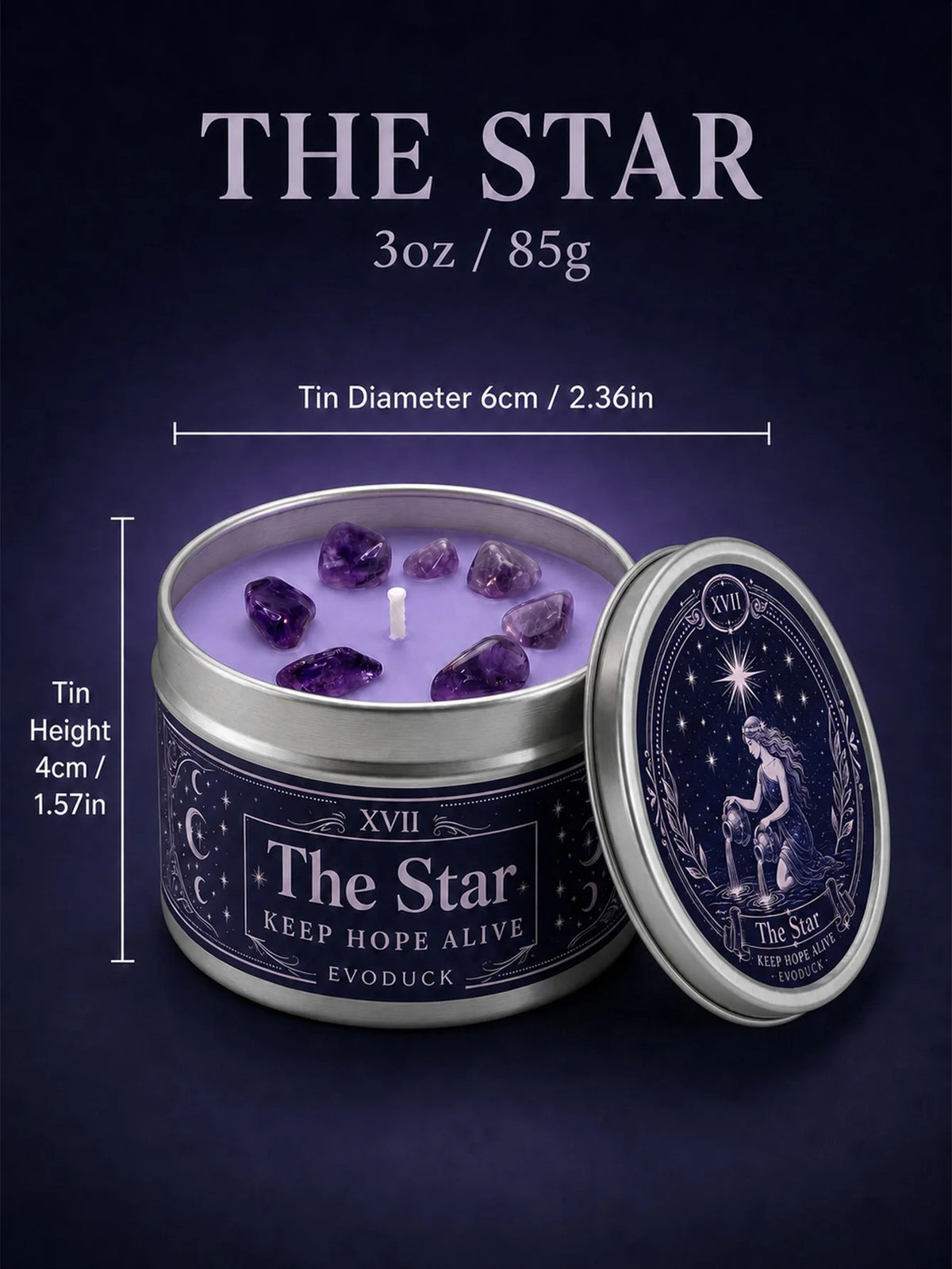 The Star Tarot Candle, Water Lily & Lilac Scented, with Amethyst Crystal , Lavender Wax Silver Tin, Candle for Meditation, 1/2/3 Sets, 3 Oz
