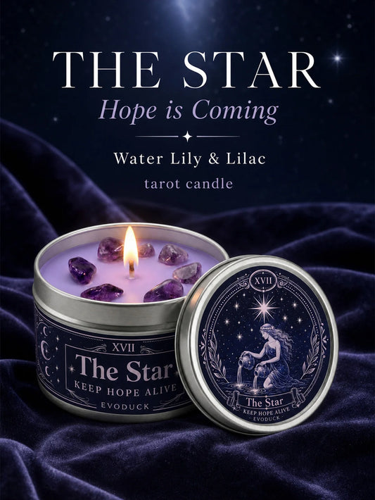 The Star Tarot Candle, Water Lily & Lilac Scented, with Amethyst Crystal , Lavender Wax Silver Tin, Candle for Meditation, 1/2/3 Sets, 3 Oz