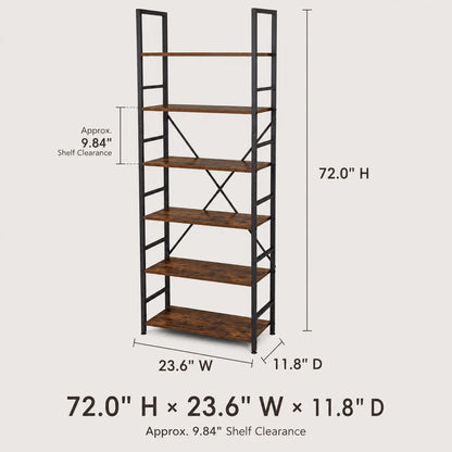 Rustic Brown Engineered Wood and Black Metal Bookcase, Freestanding....