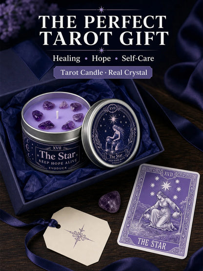 The Star Tarot Candle, Water Lily & Lilac Scented, with Amethyst Crystal , Lavender Wax Silver Tin, Candle for Meditation, 1/2/3 Sets, 3 Oz