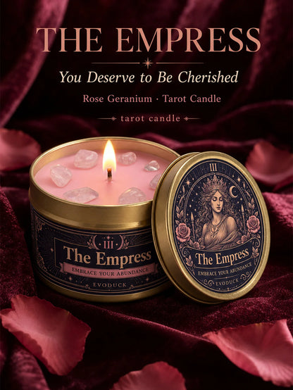 The Empress Tarot Candle, Rose Geranium Scented Candle with Rose Quartz Crystal Stones, For Meditation, 3/2/1 Sets.....