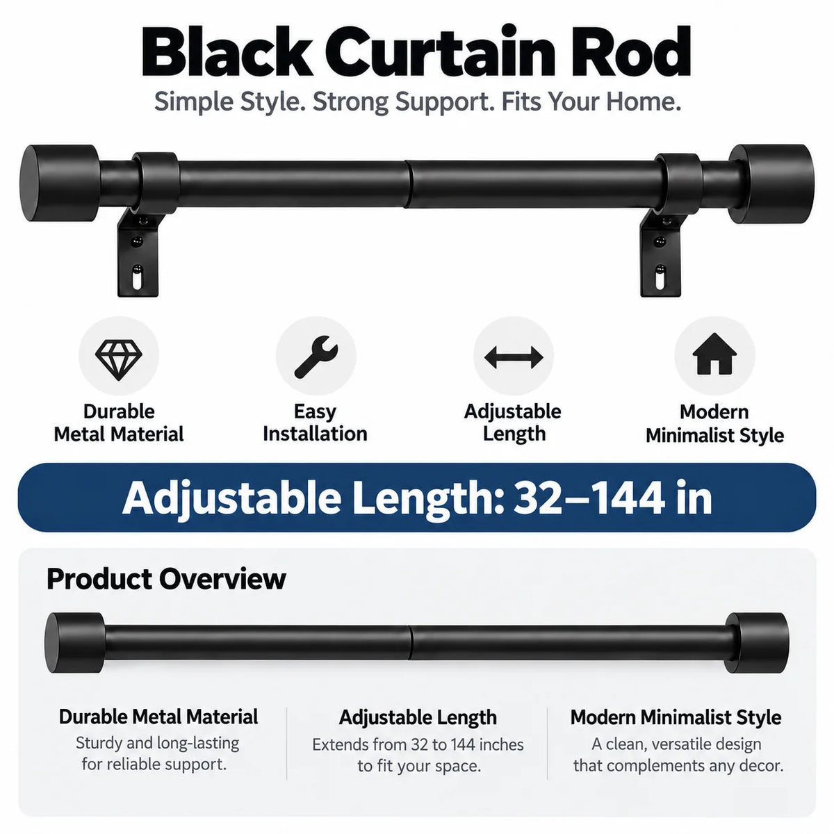 32-144 In Black Adjustable Metal Curtain Rod, for Living Room Bedroom Windows Best Choice 2026