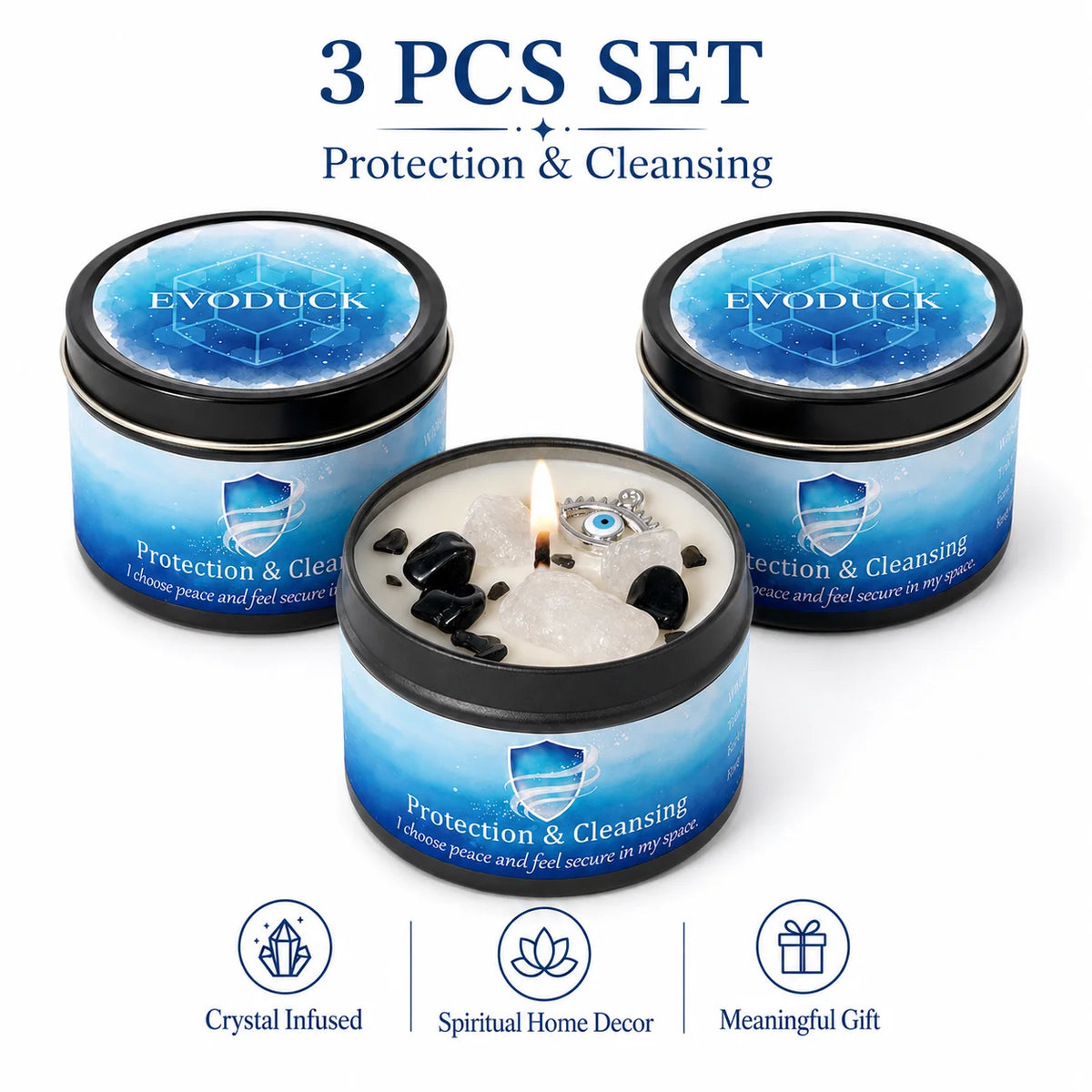 3/2/1Pcs. Protection & Cleansing Scented Candle Set, White Sage & Frankincense Scented Soy Candles with Black Tourmaline & Evil Eye Charm, Negative Energy Clearing 3 Oz. Each 10 Different