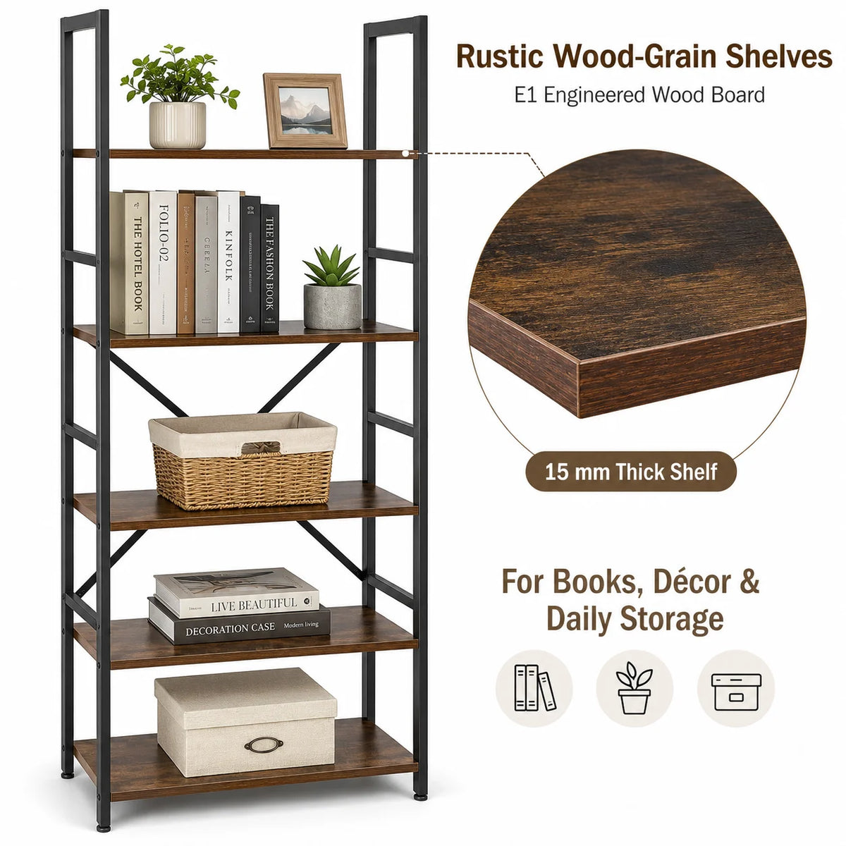 Rustic Brown Engineered Wood and Black Metal Bookcase, Freestanding....
