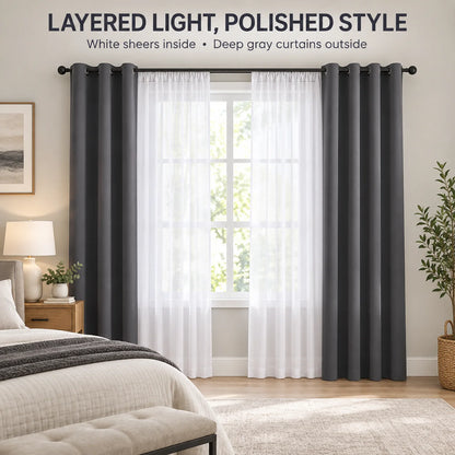 82X54 In  Modern double Layer Curtains Set White Sheer And Dark Grey Blackout  for Bedroom Living Room