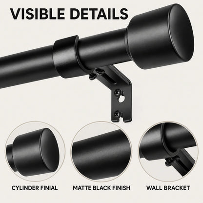 Black Telescopic Curtain Rod Set, With Metal Brackets,  Adjustable,  Window Home Decor