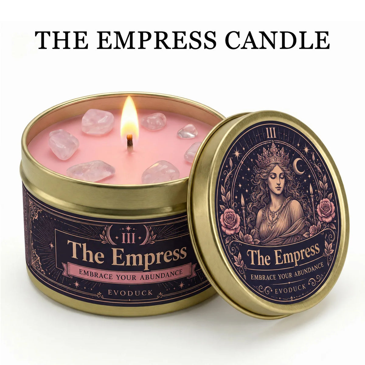 The Empress Tarot Candle, Rose Geranium Scented Candle with Rose Quartz Crystal Stones, For Meditation, 3/2/1 Sets.....