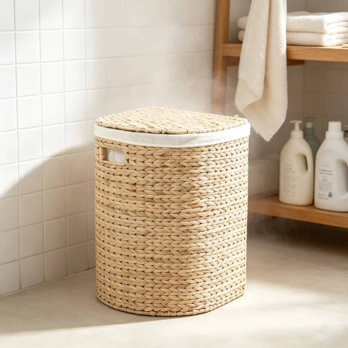 Water Hyacinth Woven Wicker Half‑Circle Laundry Hamper, Anti‑Mildew, 16.9×13.8×20.5 Inch