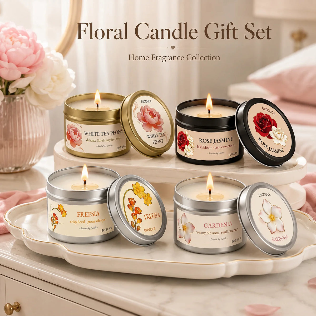 2Pcs Floral Scented Candle Set with White Tea Peony, Rose Jasmine, Freesia and Gardenia Fragrances, Natural Soy Wax,