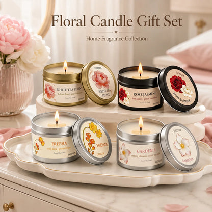 2Pcs Floral Scented Candle Set with White Tea Peony, Rose Jasmine, Freesia and Gardenia Fragrances, Natural Soy Wax,