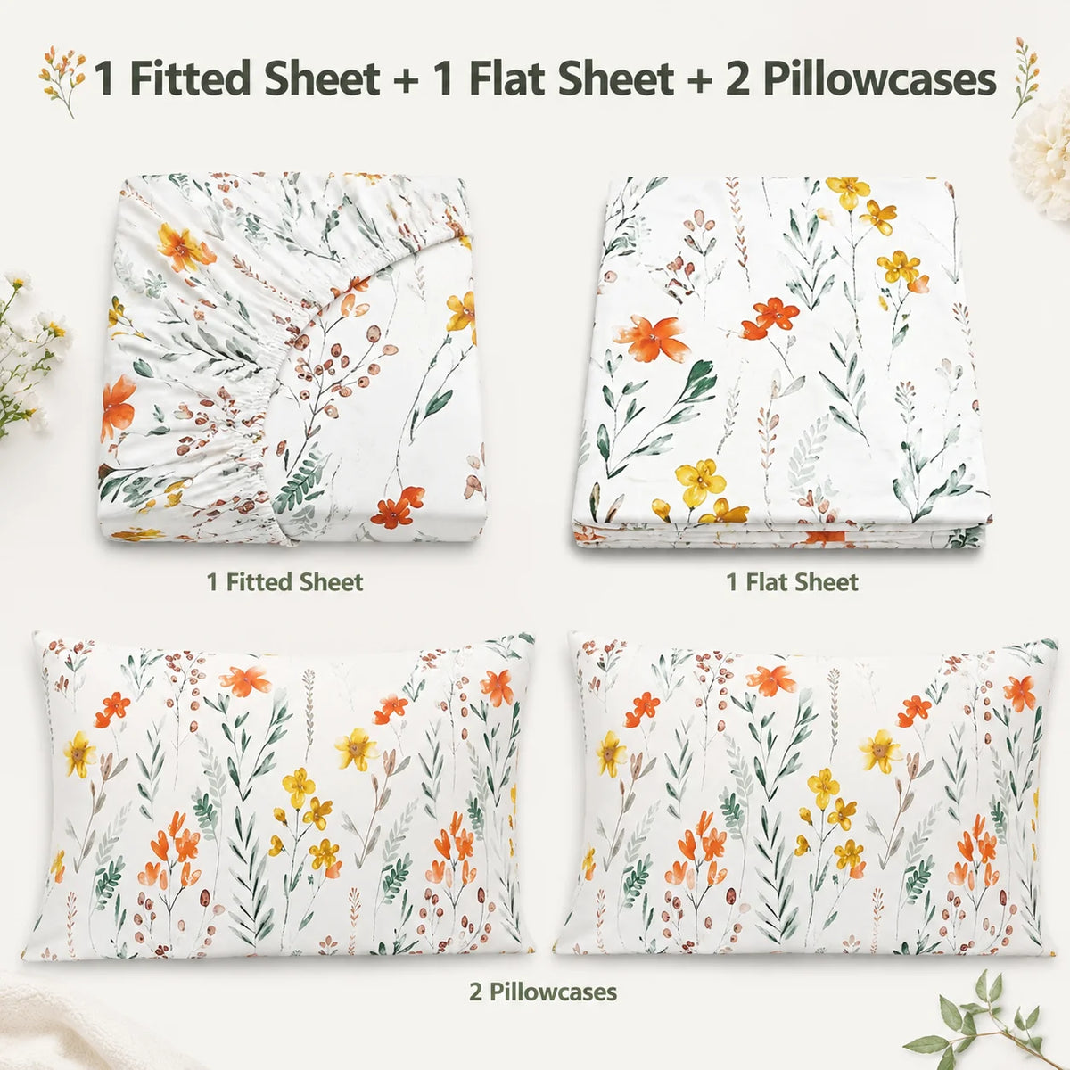 4-Piece Floral Print Duvet Cover Set: 1 Flat Sheet, 1 Fitted Sheet, 2 Pillowcases, Sizes: Large/King/Single/Double.