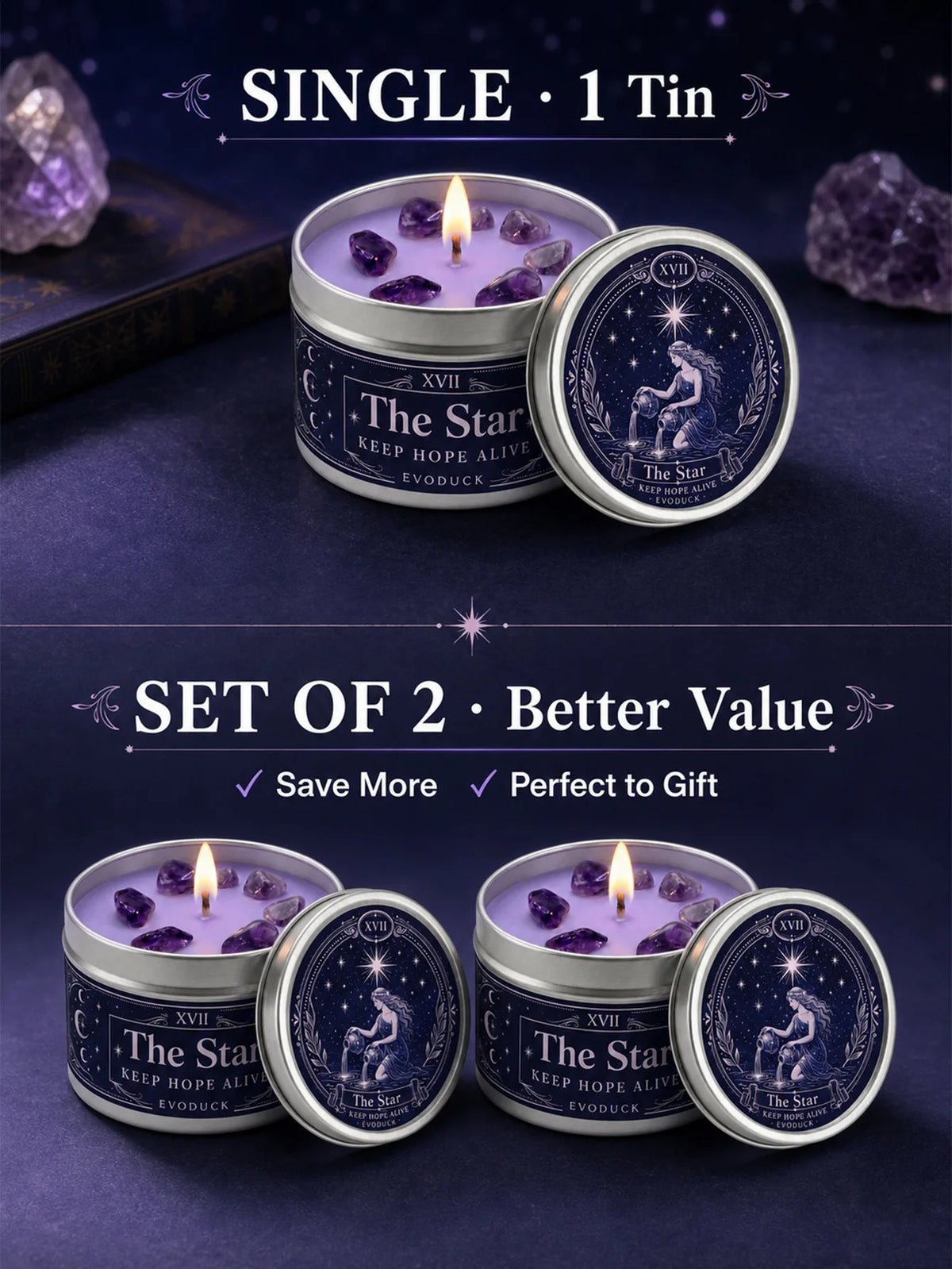 The Star Tarot Candle, Water Lily & Lilac Scented, with Amethyst Crystal , Lavender Wax Silver Tin, Candle for Meditation, 1/2/3 Sets, 3 Oz