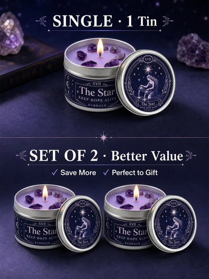 The Star Tarot Candle, Water Lily & Lilac Scented, with Amethyst Crystal , Lavender Wax Silver Tin, Candle for Meditation, 1/2/3 Sets, 3 Oz