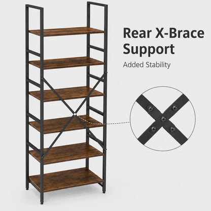 Rustic Brown Engineered Wood and Black Metal Bookcase, Freestanding....