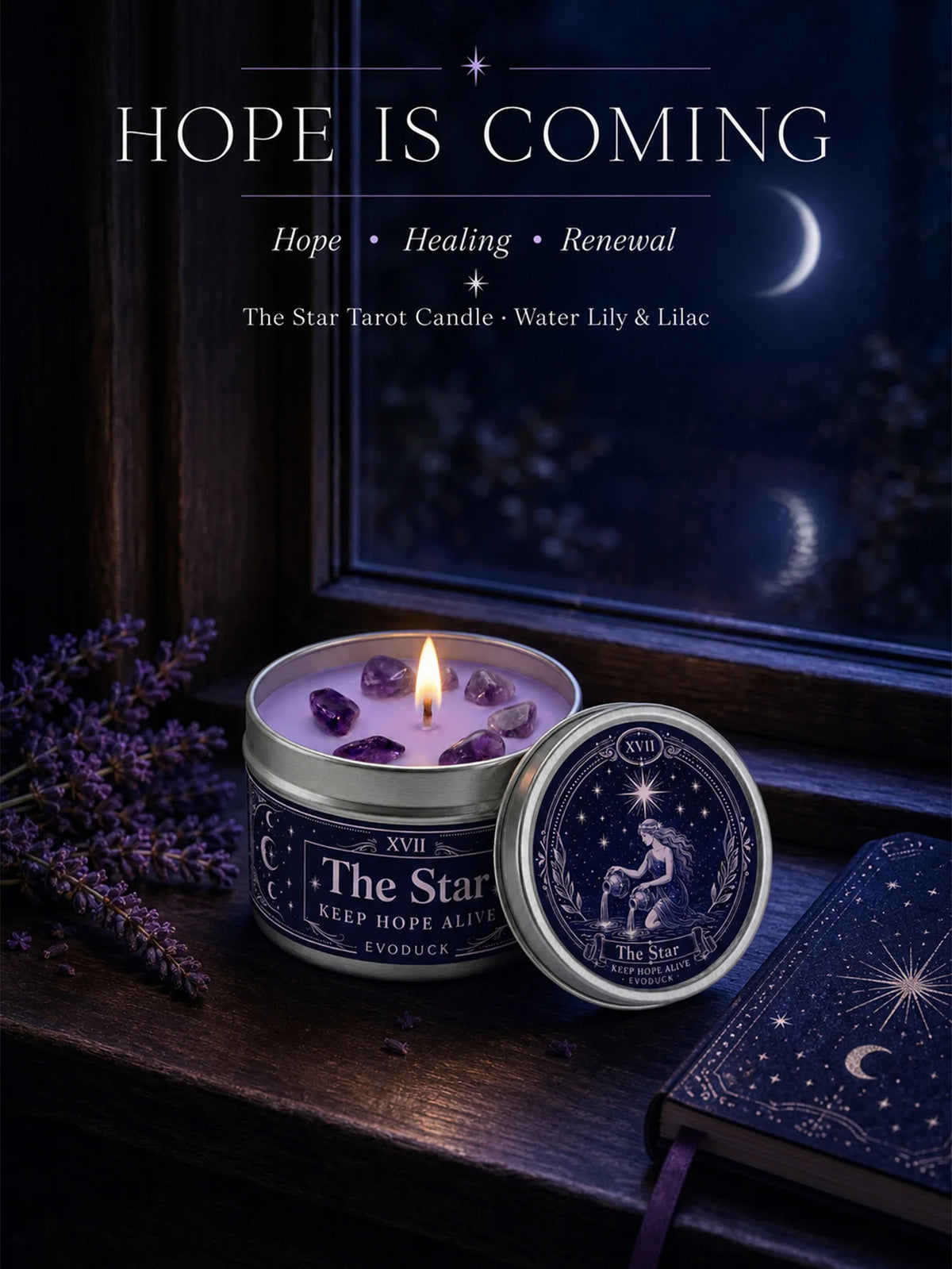 The Star Tarot Candle, Water Lily & Lilac Scented, with Amethyst Crystal , Lavender Wax Silver Tin, Candle for Meditation, 1/2/3 Sets, 3 Oz