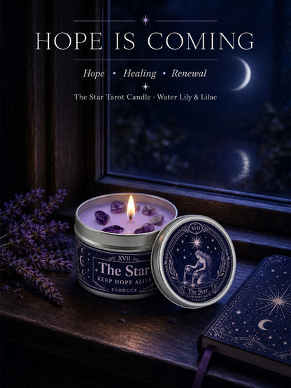 The Star Tarot Candle, Water Lily & Lilac Scented, with Amethyst Crystal , Lavender Wax Silver Tin, Candle for Meditation, 1/2/3 Sets, 3 Oz