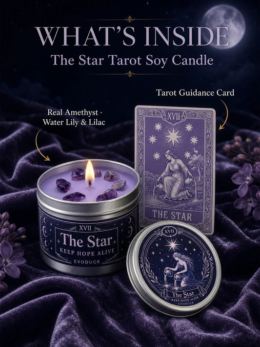 The Star Tarot Candle, Water Lily & Lilac Scented, with Amethyst Crystal , Lavender Wax Silver Tin, Candle for Meditation, 1/2/3 Sets, 3 Oz