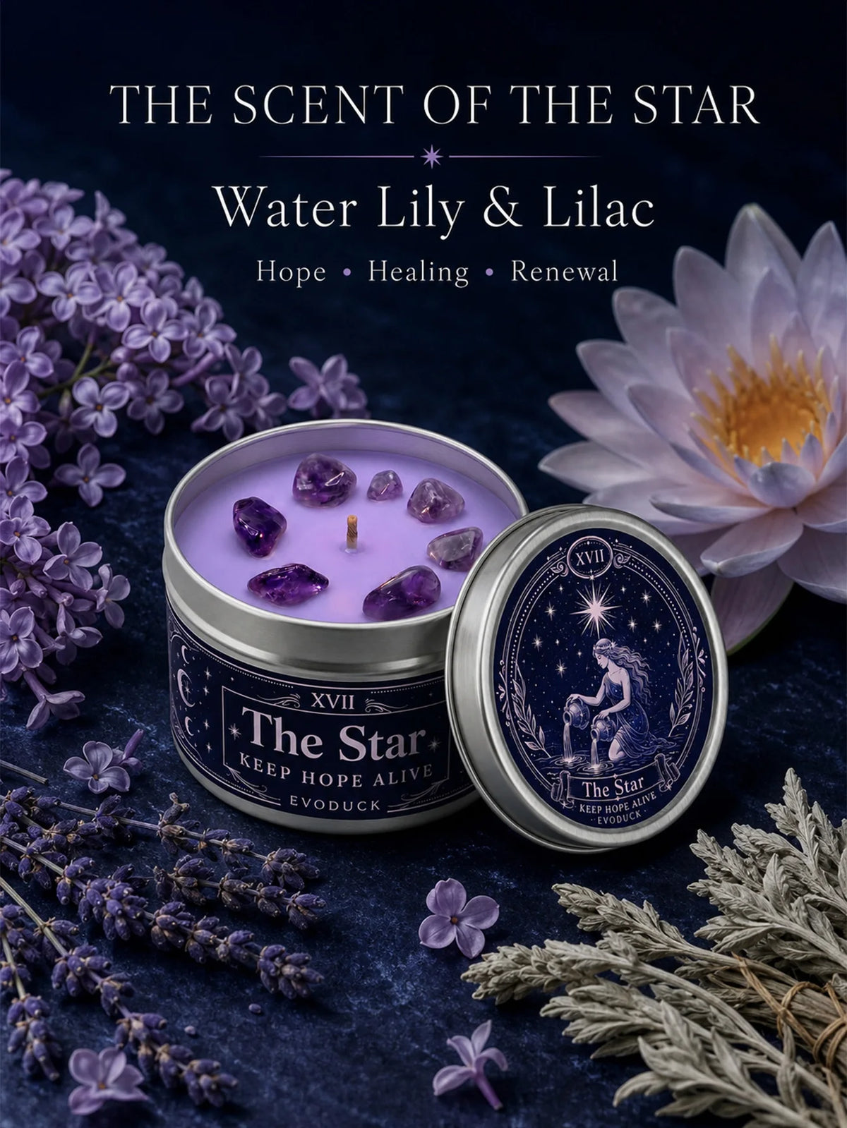 The Star Tarot Candle, Water Lily & Lilac Scented, with Amethyst Crystal , Lavender Wax Silver Tin, Candle for Meditation, 1/2/3 Sets, 3 Oz