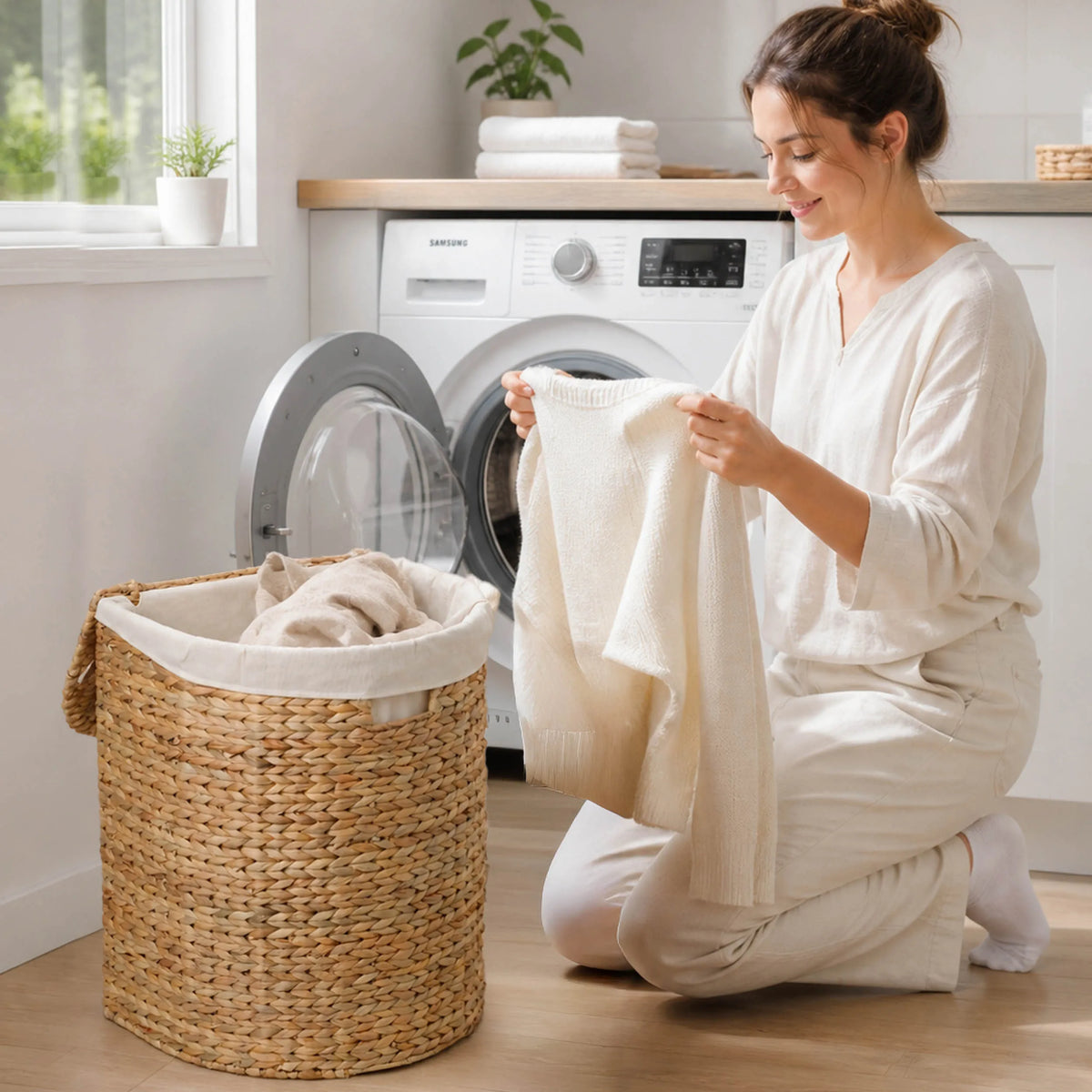 Water Hyacinth Woven Wicker Half‑Circle Laundry Hamper, Anti‑Mildew, 16.9×13.8×20.5 Inch