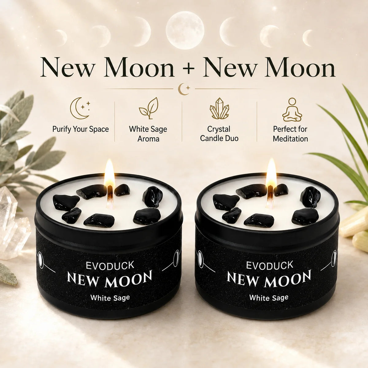 Moon Phase Crystal Scented Candle Set, 3oz  White Sage, Lemongrass, Jasmine and Lavender Aromatherapy, 9 Different variations Sets.....