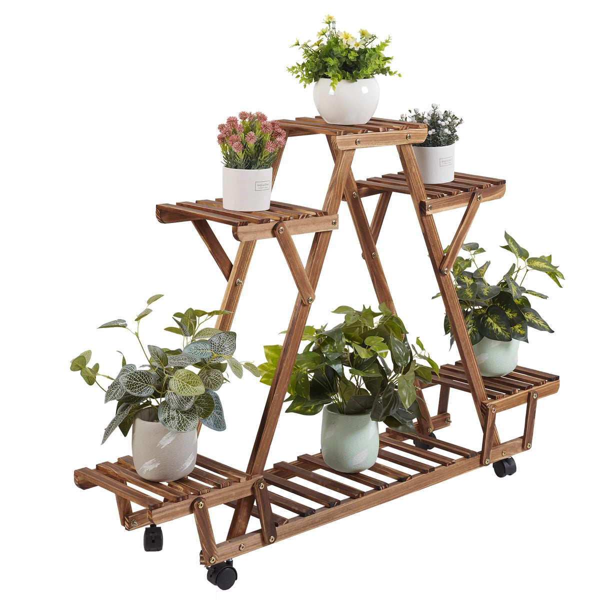 Wooden Plant Stand 6 Potted, with Wheels