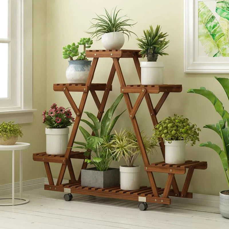 Wooden Plant Stand 6 Potted, with Wheels