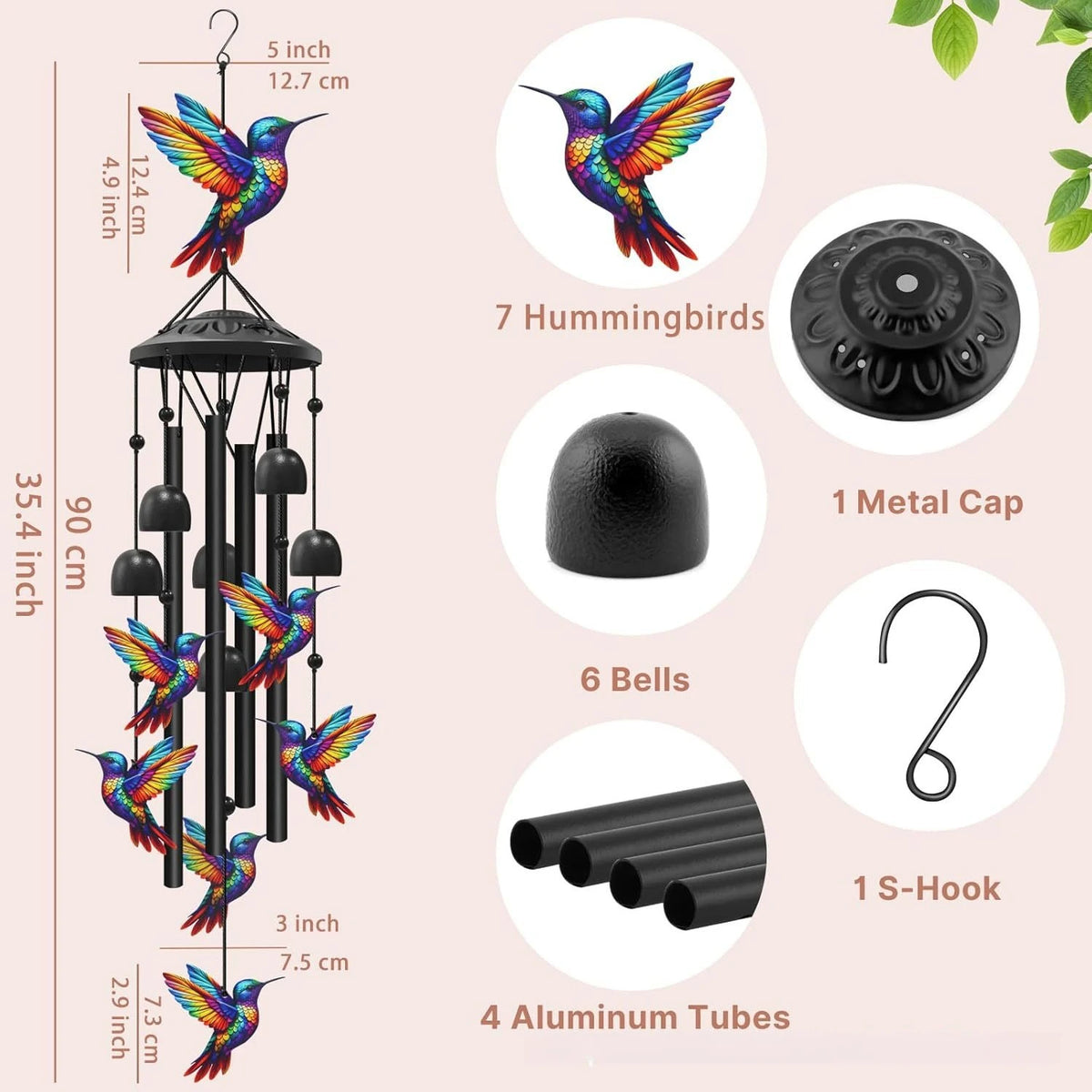 Colorful Hummingbird Wind Chimes Metal Aluminum Tube Bell, Waterproof Outdoor