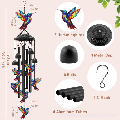 Colorful Hummingbird Wind Chimes Metal Aluminum Tube Bell, Waterproof Outdoor