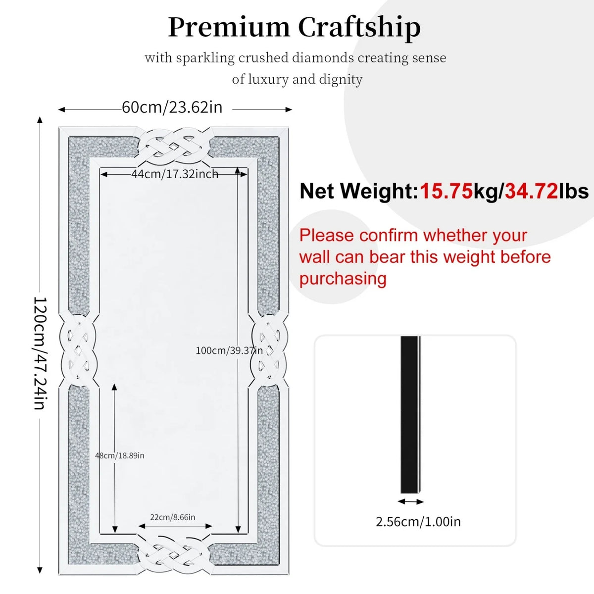 48 Inch Rectangle Crystal Crush Diamond Silver Mirror....