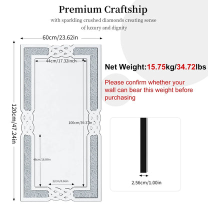 48 Inch Rectangle Crystal Crush Diamond Silver Mirror....