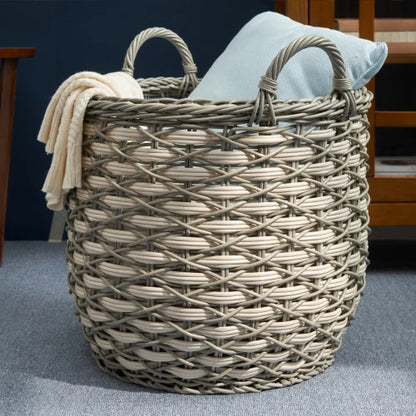 Resin Woven Wicker Storage Basket with Handles 18" x 18" x 15.7" White-Gray
