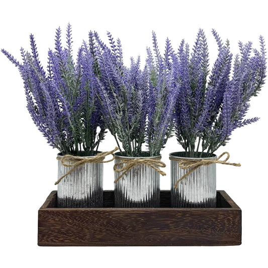 3-Piece Lavender Flowers Artificial with Wood Tray Set, with Galvanized Metal Bucket,
