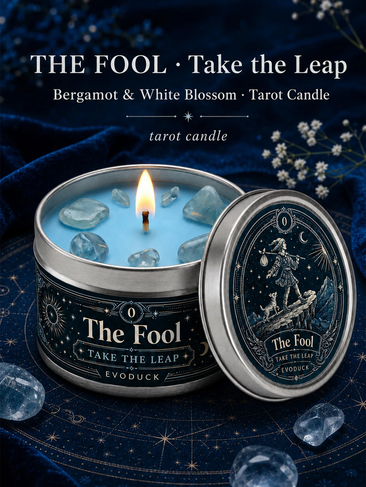 The Fool Tarot Candle, Bergamot & White Blossom Scented Candle3 Oz., with Clear Crystal Stones, Candle for Meditation, New Beginnings, 3/2/1 Sets...