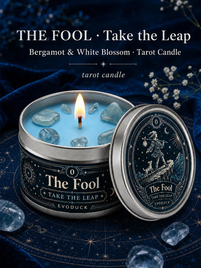 The Fool Tarot Candle, Bergamot & White Blossom Scented Candle3 Oz., with Clear Crystal Stones, Candle for Meditation, New Beginnings, 3/2/1 Sets...