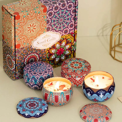 Home Decor Scented Candle, Mandala Printed Tin, Creates Ambiance, 2.5 Oz.  Floral Scent