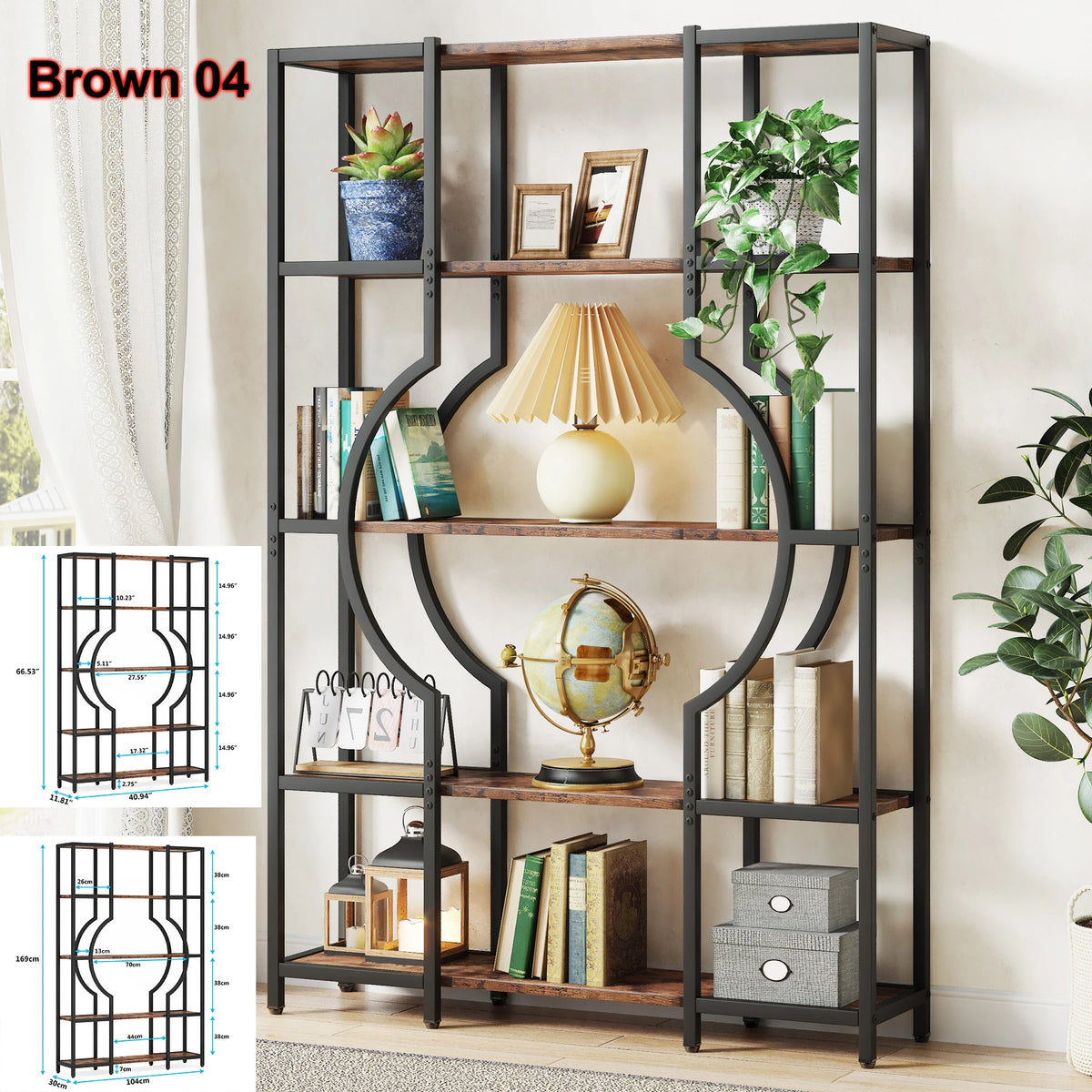 Bookshelf, 5 Tier Etagere Bookcase, Freestanding, 11.81"D x 37.4"W x 68.89"H