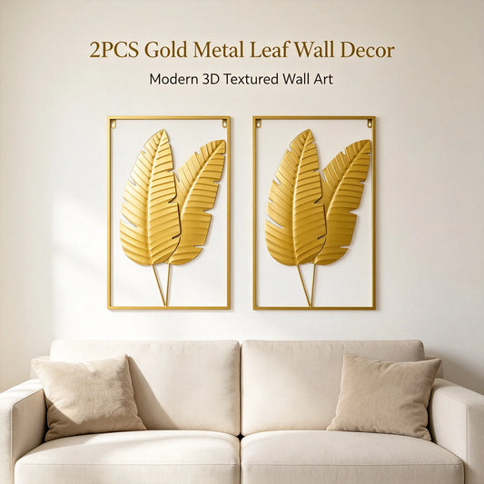 2PCS Gold Metal Leaf Wall Art Set,  Begonia Leaf, W 16 In x H 24 In with Frame