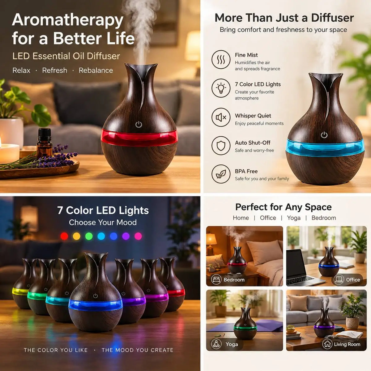 6 In Wood Grain Vase-Shaped. Humidifier, Aromatherapy for Home 7 Color LED Night Light, Auto Shut-Off, for Yoga Spa