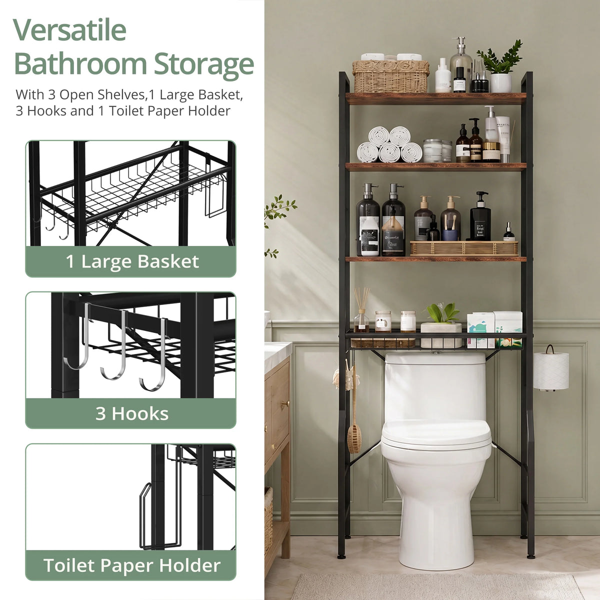 4-Tier Freestanding Organizer Shelf with Adjustable Shelf with 3 Hooks....